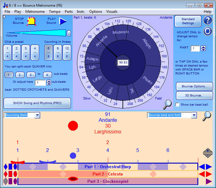 Tempo dial, bouncing ball display and time signature preset buttons - shows 6/8, screen shot of Bounce Metronome