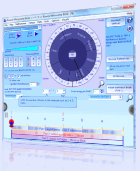 Tempo dial, bouncing ball display and time signature preset buttons - shows 6/8, screen shot of Bounce Metronome