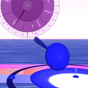Tempo dial, bouncing ball display and time signature preset buttons - shows 6/8, screen shot of Bounce Metronome