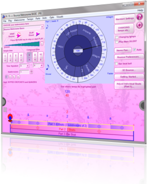 Tempo dial, bouncing ball display and time signature preset buttons - shows 6/8, screen shot of Bounce Metronome