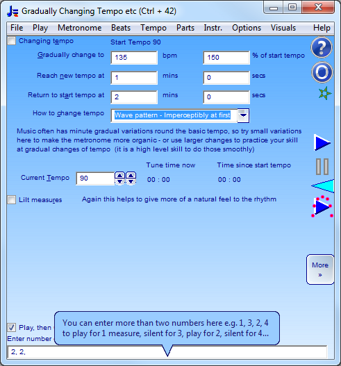 Gradually Changing Tempo Etc (Ctrl + 42) with tool tip for the text area where you can enter the numbers of measures for the Go Silent Briefly option