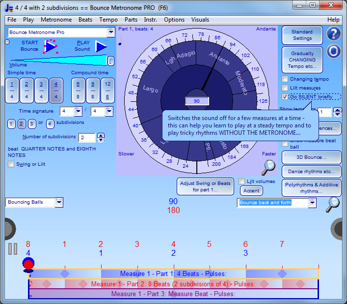 Main window with Go Silent Briefly swicthed on and tool tip for it shown