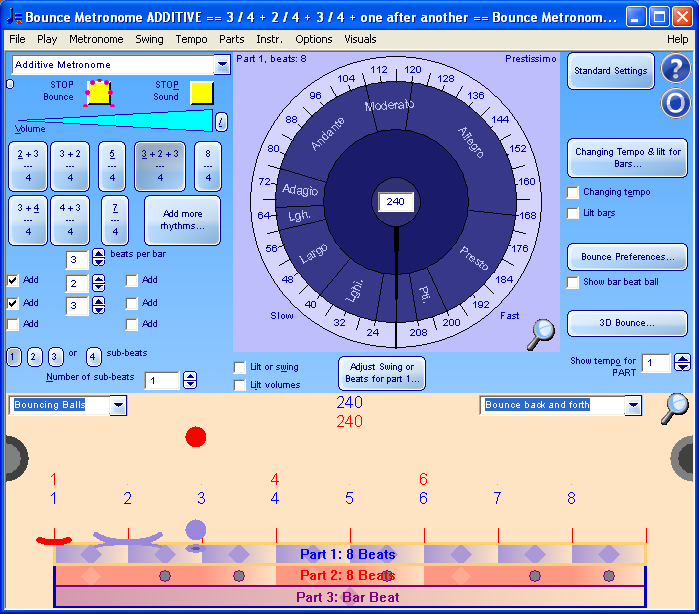Screen shot of additive metronome - shows 3 + 2 + 3 / 4 as 8 beats in two parts, in second part all except first, fourth and sixth beats are skipped