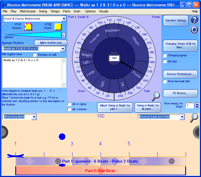 Drum and dance metronome screen shot - shows waltz rhythm as six beats to the bar with second and sixth beats skipped