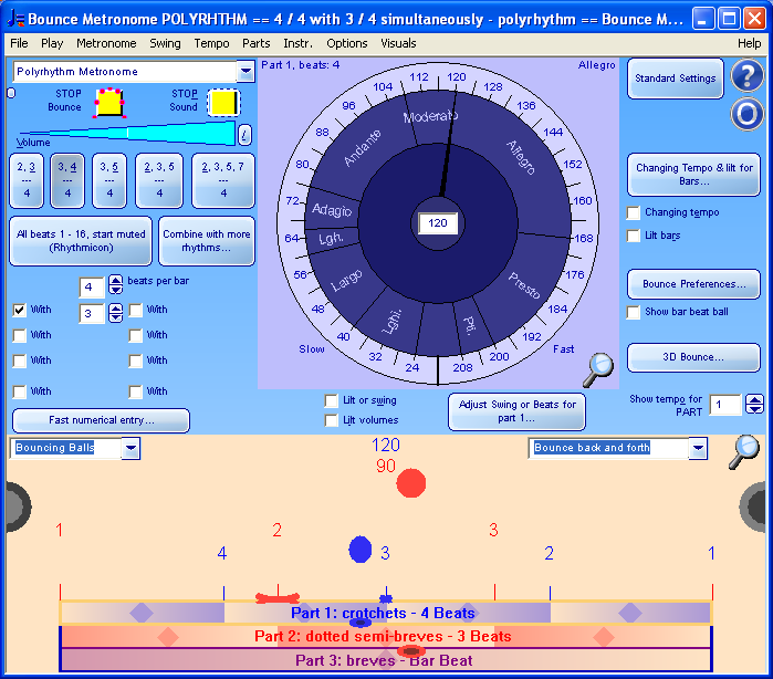 Main window set up to play 3 and 4 beats per bar simultaneously, with other polyrhythm presets, tempo dial and bouncing balls display